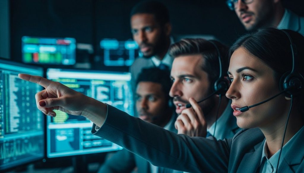 Ein Incident Response Team analysiert konzentriert Daten auf Bildschirmen in einem Kontrollraum.