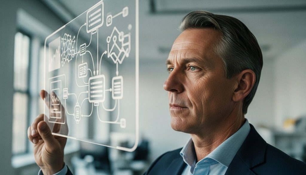 Ein interner Datenschutzbeauftragter analysiert Datenflüsse in einem modernen Büro.