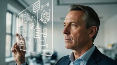 Ein interner Datenschutzbeauftragter analysiert Datenflüsse in einem modernen Büro.