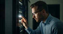 Ein IT-Experte bei der digitalen Forensik an einem Server-Rack, der konzentriert Spuren eines Cyberangriffs sichert.