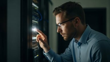 Ein IT-Experte bei der digitalen Forensik an einem Server-Rack, der konzentriert Spuren eines Cyberangriffs sichert.