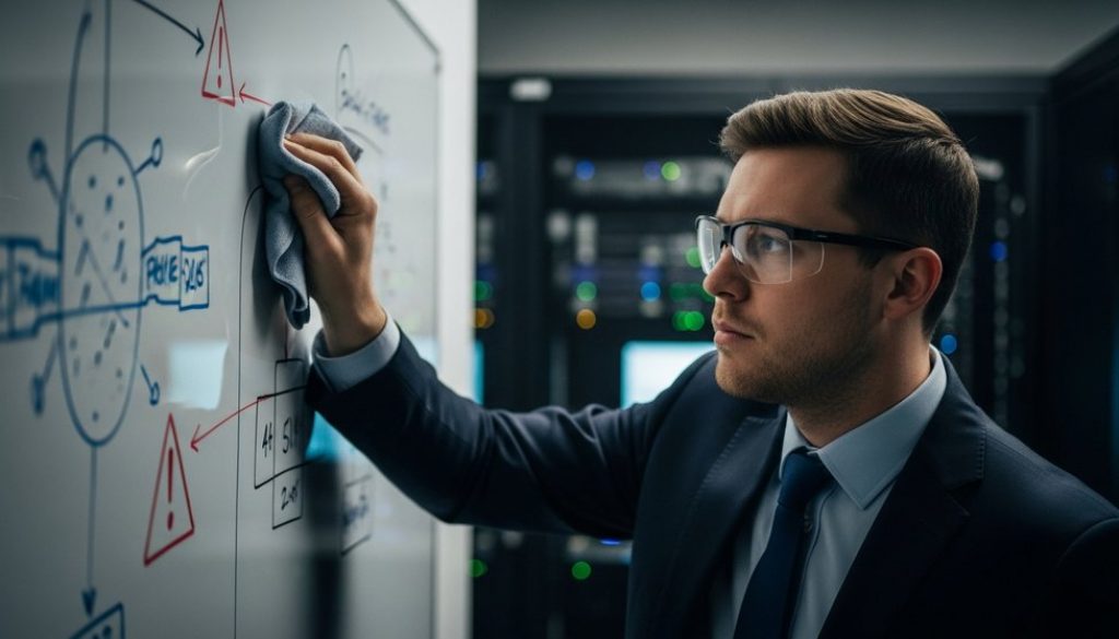 Ein IT-Experte bereinigt nach einem Cyberangriff symbolisch ein Whiteboard in einem Serverraum.