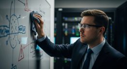 Ein IT-Experte bereinigt nach einem Cyberangriff symbolisch ein Whiteboard in einem Serverraum.