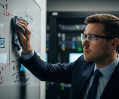 Ein IT-Experte bereinigt nach einem Cyberangriff symbolisch ein Whiteboard in einem Serverraum.