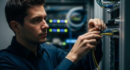 Ein IT-Experte führt eine professionelle Firewall Konfiguration in einem Rechenzentrum durch.