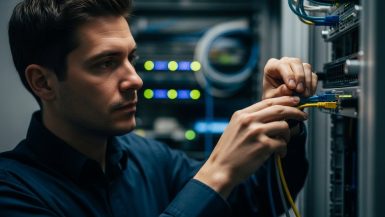 Ein IT-Experte führt eine professionelle Firewall Konfiguration in einem Rechenzentrum durch.