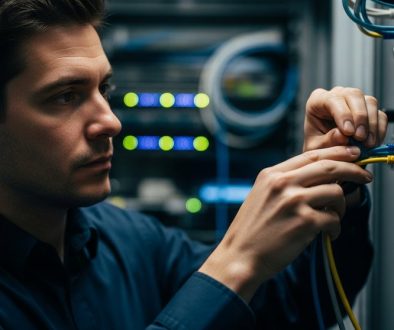 Ein IT-Experte führt eine professionelle Firewall Konfiguration in einem Rechenzentrum durch.