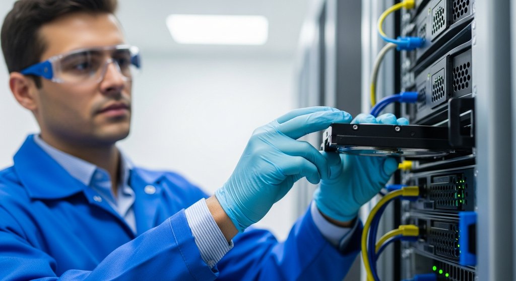 Ein IT-Forensiker entnimmt eine Festplatte aus einem Server für die digitale Forensik im Rahmen der Beseitigungsphase.