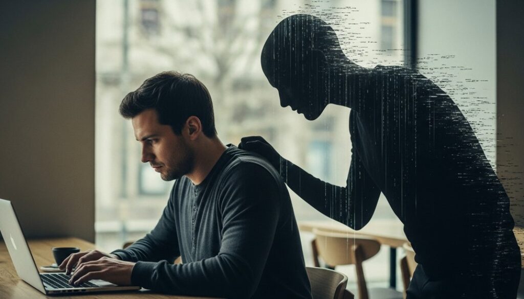 Ein Mann arbeitet am Laptop, während ein symbolischer Man-in-the-Middle-Angriff seine Daten abfängt.