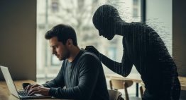 Ein Mann arbeitet am Laptop, während ein symbolischer Man-in-the-Middle-Angriff seine Daten abfängt.