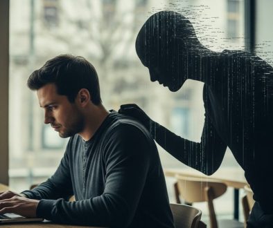 Ein Mann arbeitet am Laptop, während ein symbolischer Man-in-the-Middle-Angriff seine Daten abfängt.