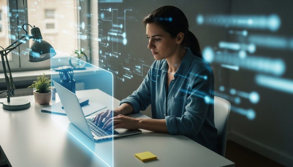 Ein Mitarbeiter im Homeoffice, der durch ein digitales Schutzschild vor Cyber-Bedrohungen geschützt ist.