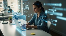 Ein Mitarbeiter im Homeoffice, der durch ein digitales Schutzschild vor Cyber-Bedrohungen geschützt ist.
