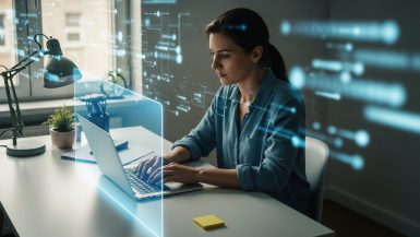 Ein Mitarbeiter im Homeoffice, der durch ein digitales Schutzschild vor Cyber-Bedrohungen geschützt ist.