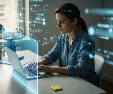 Ein Mitarbeiter im Homeoffice, der durch ein digitales Schutzschild vor Cyber-Bedrohungen geschützt ist.
