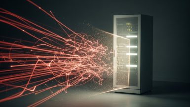 Ein Server-Rack wird durch einen unsichtbaren DDoS Schutz vor einem digitalen Angriff geschützt.