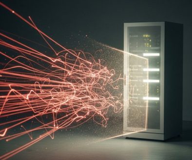 Ein Server-Rack wird durch einen unsichtbaren DDoS Schutz vor einem digitalen Angriff geschützt.