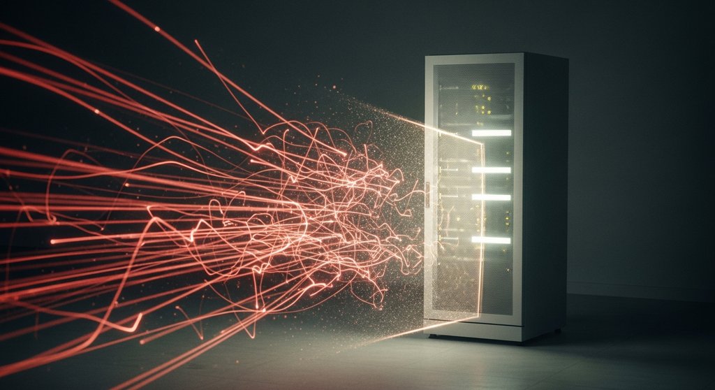 Ein Server-Rack wird durch einen unsichtbaren DDoS Schutz vor einem digitalen Angriff geschützt.