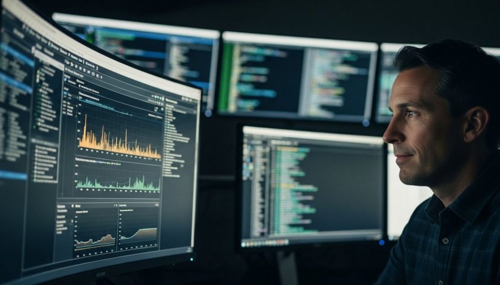 Ein Sicherheitsexperte analysiert Daten auf einem SIEM-Dashboard in einem Security Operations Center. High-resolution photography, editorial style. A male security analyst in his 40s sits in a dimly lit Security Operations Center (SOC). In the foreground, his face is calm and focused, illuminated by a large, curved monitor. The monitor displays a clean, well-organized dashboard with glowing graphs and data points. In the blurred background (strong depth of field), other screens show chaotic, rapidly scrolling lines of code and log files, representing the data flood. The overall mood is one of control and intelligence amidst chaos. Shot on a 35mm camera, Kodak Portra 400 style, slight film grain, muted tones. Candid shot, visible skin texture.