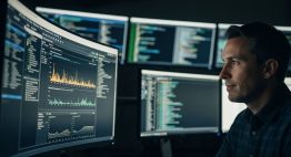 Ein Sicherheitsexperte analysiert Daten auf einem SIEM-Dashboard in einem Security Operations Center. High-resolution photography, editorial style. A male security analyst in his 40s sits in a dimly lit Security Operations Center (SOC). In the foreground, his face is calm and focused, illuminated by a large, curved monitor. The monitor displays a clean, well-organized dashboard with glowing graphs and data points. In the blurred background (strong depth of field), other screens show chaotic, rapidly scrolling lines of code and log files, representing the data flood. The overall mood is one of control and intelligence amidst chaos. Shot on a 35mm camera, Kodak Portra 400 style, slight film grain, muted tones. Candid shot, visible skin texture.