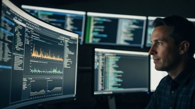 Ein Sicherheitsexperte analysiert Daten auf einem SIEM-Dashboard in einem Security Operations Center. High-resolution photography, editorial style. A male security analyst in his 40s sits in a dimly lit Security Operations Center (SOC). In the foreground, his face is calm and focused, illuminated by a large, curved monitor. The monitor displays a clean, well-organized dashboard with glowing graphs and data points. In the blurred background (strong depth of field), other screens show chaotic, rapidly scrolling lines of code and log files, representing the data flood. The overall mood is one of control and intelligence amidst chaos. Shot on a 35mm camera, Kodak Portra 400 style, slight film grain, muted tones. Candid shot, visible skin texture.