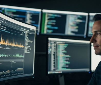 Ein Sicherheitsexperte analysiert Daten auf einem SIEM-Dashboard in einem Security Operations Center. High-resolution photography, editorial style. A male security analyst in his 40s sits in a dimly lit Security Operations Center (SOC). In the foreground, his face is calm and focused, illuminated by a large, curved monitor. The monitor displays a clean, well-organized dashboard with glowing graphs and data points. In the blurred background (strong depth of field), other screens show chaotic, rapidly scrolling lines of code and log files, representing the data flood. The overall mood is one of control and intelligence amidst chaos. Shot on a 35mm camera, Kodak Portra 400 style, slight film grain, muted tones. Candid shot, visible skin texture.