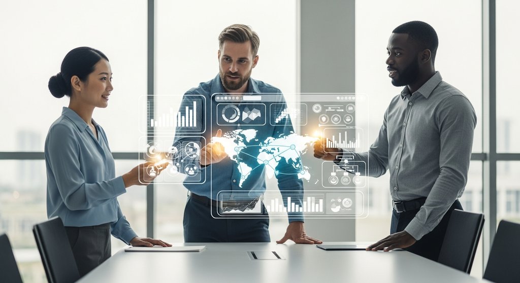Ein Team analysiert KI-gestützte Geschäftsdaten auf einer holografischen Oberfläche.