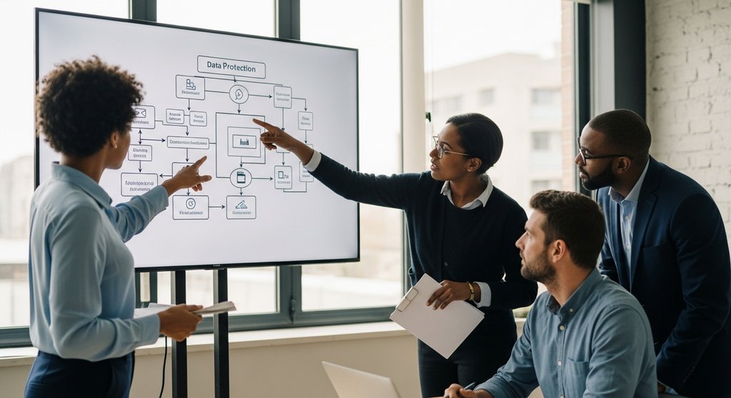 Ein Team bespricht die Vorteile eines externen Datenschutzbeauftragten anhand eines Flowcharts.