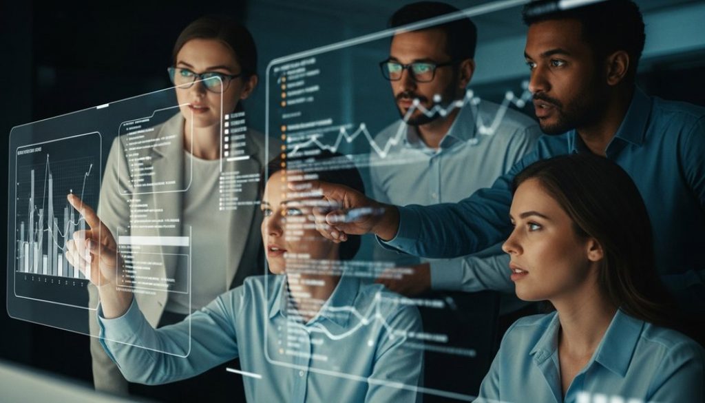 Ein Team von Cybersecurity-Experten analysiert Daten nach einem Sicherheitsvorfall in einem Kontrollraum.