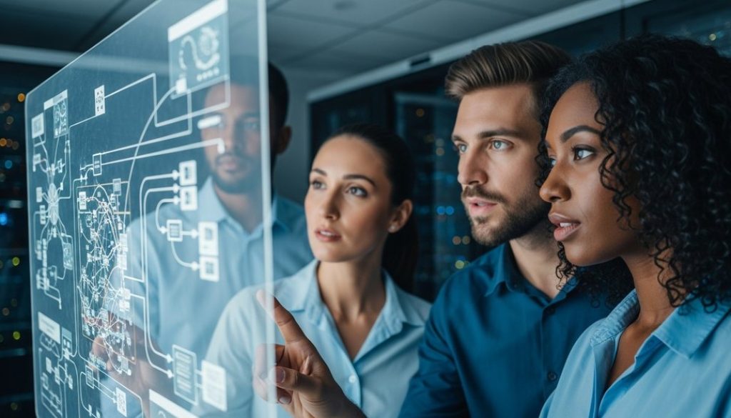 Ein Team von IT-Experten analysiert die Netzwerksicherheit eines Unternehmens.