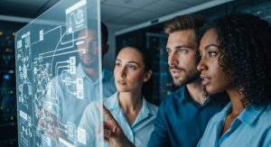 Ein Team von IT-Experten analysiert die Netzwerksicherheit eines Unternehmens.