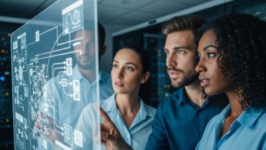 Ein Team von IT-Experten analysiert die Netzwerksicherheit eines Unternehmens.