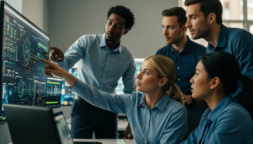 Ein Team von IT-Sicherheitsexperten analysiert Daten in einem Kontrollraum, um einen Incident Response Playbook zu besprechen.