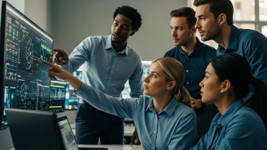 Ein Team von IT-Sicherheitsexperten analysiert Daten in einem Kontrollraum, um einen Incident Response Playbook zu besprechen.