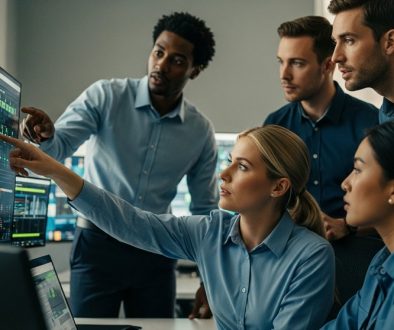Ein Team von IT-Sicherheitsexperten analysiert Daten in einem Kontrollraum, um einen Incident Response Playbook zu besprechen.