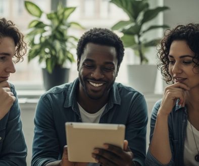 Ein Team von Mitarbeitern prüft gemeinsam Dokumente auf einem Tablet in einem modernen Büro.