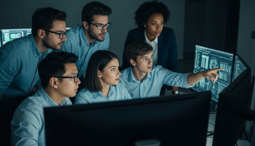 Ein Team von Sicherheitsexperten analysiert Daten in einem Security Operations Center während einer Incident Response.