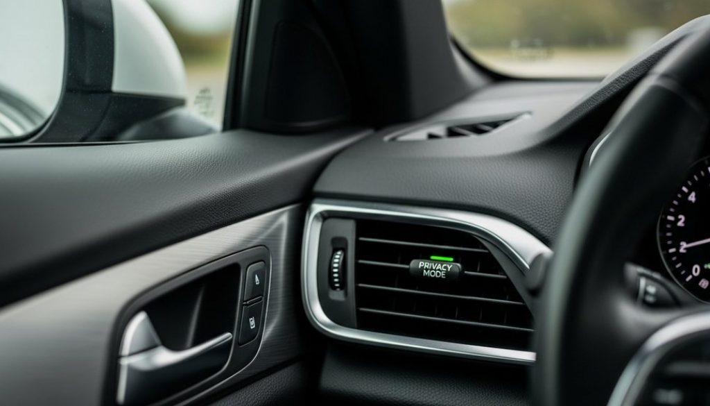 Ein- und Ausschalter für das GPS-Tracking in einem modernen Dienstwagen zur Wahrung der Privatsphäre.