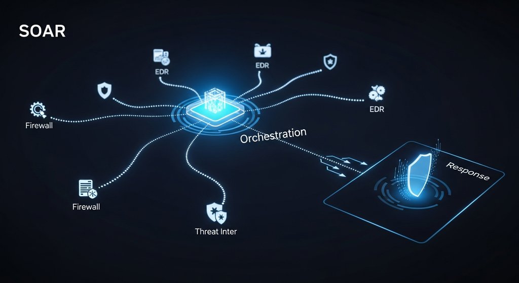 Eine abstrakte Grafik visualisiert das Konzept von SOAR-Plattformen mit vernetzten Knoten für Orchestrierung und Automatisierung.