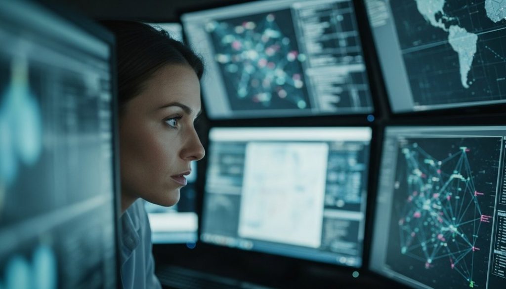 Eine Cybersicherheits-Analystin bei der proaktiven Bedrohungssuche (Threat Hunting) in einem SOC.