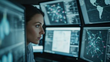 Eine Cybersicherheits-Analystin bei der proaktiven Bedrohungssuche (Threat Hunting) in einem SOC.