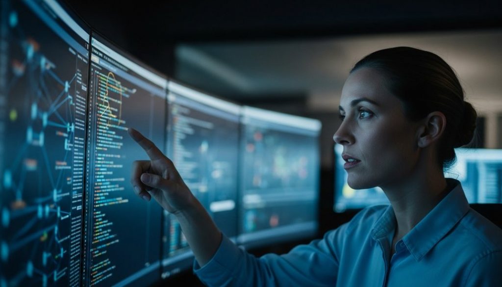 Eine Cybersicherheitsexpertin analysiert Daten auf einem Bildschirm in einem Kontrollzentrum für Incident Response.
