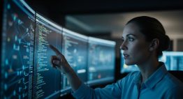 Eine Cybersicherheitsexpertin analysiert Daten auf einem Bildschirm in einem Kontrollzentrum für Incident Response.