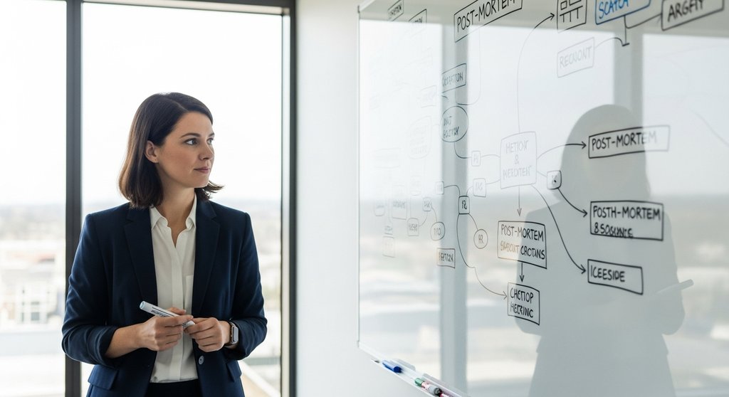 Eine Cybersicherheitsexpertin betrachtet nachdenklich ein Whiteboard mit Analyse-Diagrammen eines Incident Post Mortems.