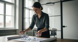 Eine Datenschutzbeauftragte führt eine Datenschutz-Folgenabschätzung durch, indem sie symbolisch Datenblöcke auf einem Plan anordnet.