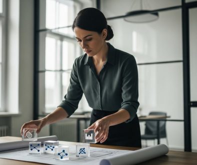 Eine Datenschutzbeauftragte führt eine Datenschutz-Folgenabschätzung durch, indem sie symbolisch Datenblöcke auf einem Plan anordnet.