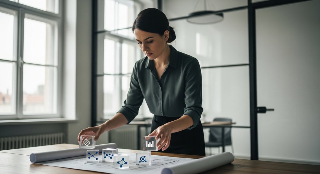 Eine Datenschutzbeauftragte führt eine Datenschutz-Folgenabschätzung durch, indem sie symbolisch Datenblöcke auf einem Plan anordnet.