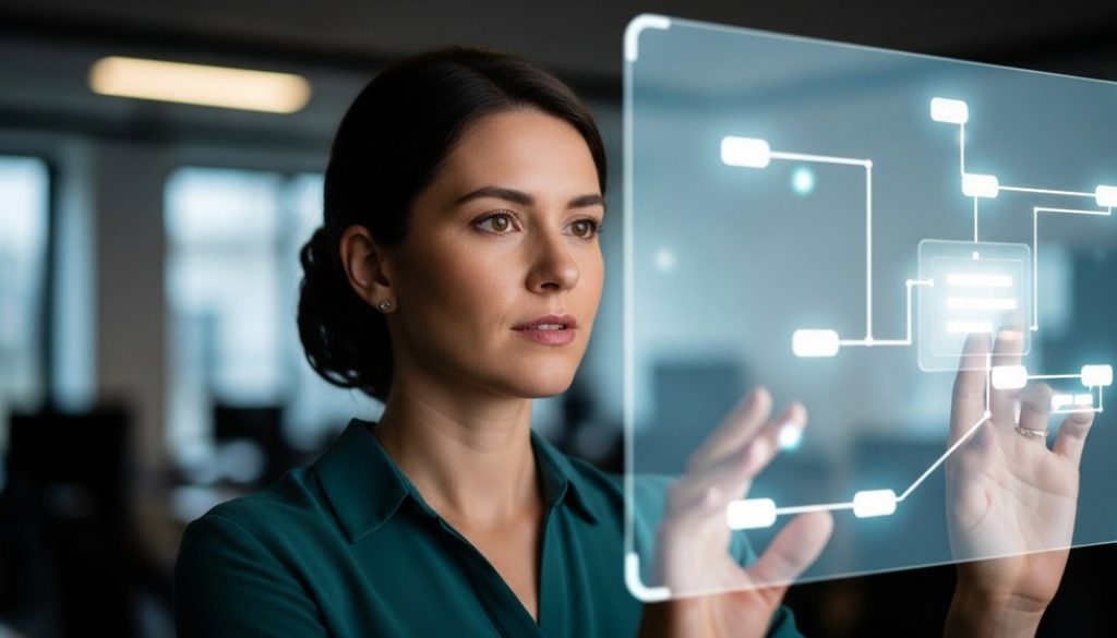 Eine Datenwissenschaftlerin analysiert komplexe KI-Algorithmen auf einem transparenten Bildschirm.