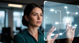 Eine Datenwissenschaftlerin analysiert komplexe KI-Algorithmen auf einem transparenten Bildschirm.