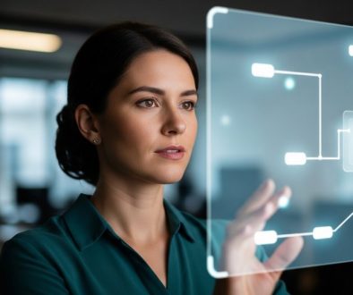 Eine Datenwissenschaftlerin analysiert komplexe KI-Algorithmen auf einem transparenten Bildschirm.